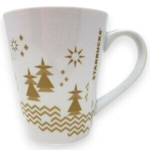 Starbucks Coffee Mug 2013 Christmas Gold and White Christmas Trees 14-oz.